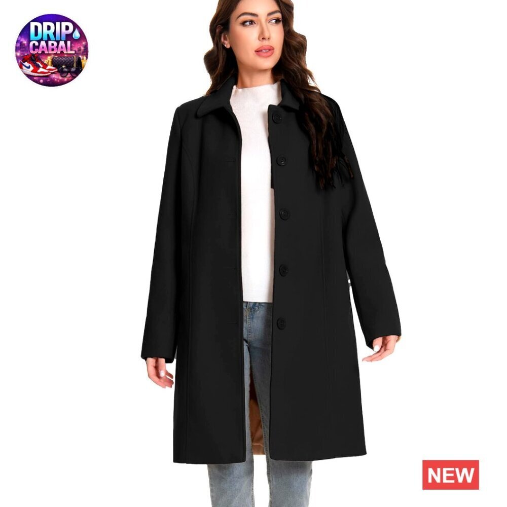 Classic Peacoat Single Breasted Mid-Length Winter Coat Warm Faux Wool Blend